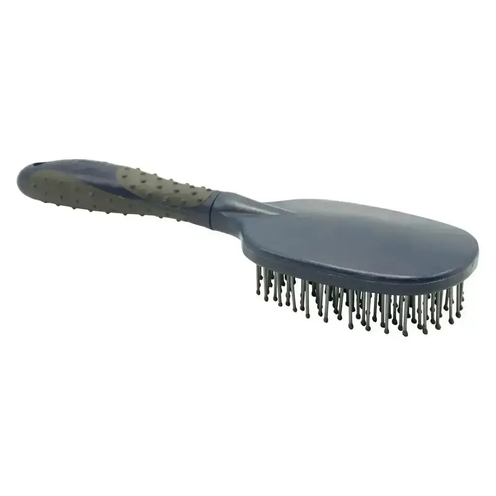 Dark gray plastic imperial riding mane comb irhgrippy with textured grip handle and dense black bristles ergonomic mane comb