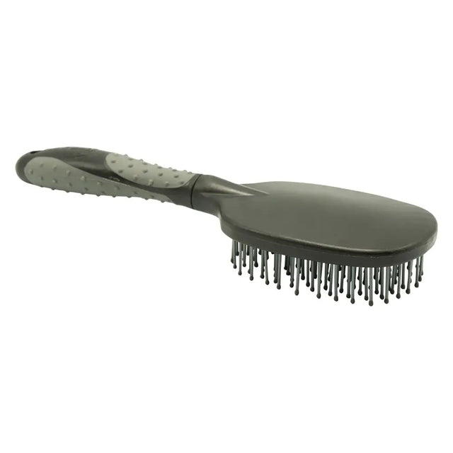 Dark gray plastic imperial riding mane comb irhgrippy with textured ergonomic grip handle and dense black bristles