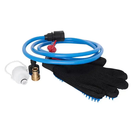Blue coiled hose with black connector and red valve paired with black imperial riding massage shower glove irhstar with blue bristles