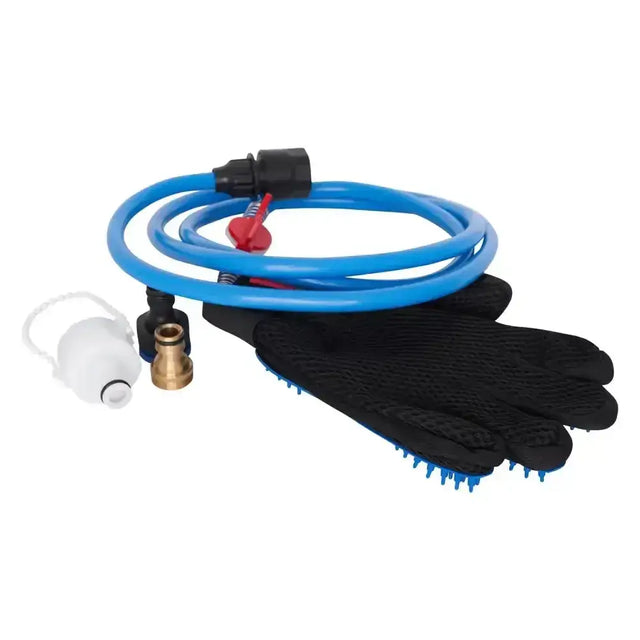 Blue coiled hose with black connector and red valve paired with black imperial riding massage shower glove irhstar with blue bristles