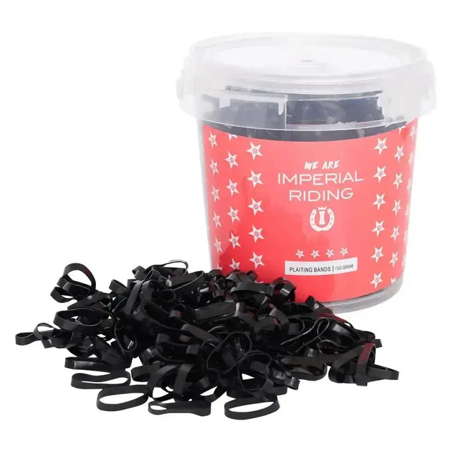 A container of black imperial riding plaiting bands profi-box with a red label and white stars logo