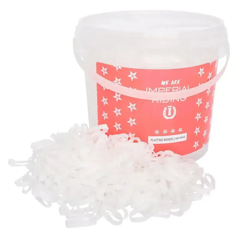 A clear plastic bucket with 405g of translucent white imperial riding plaiting bands in a profi-box label