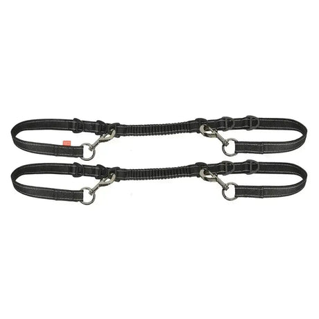 Black elastic imperial riding reins irhflexi with silver metal hardware and reflective stitching for equestrian use
