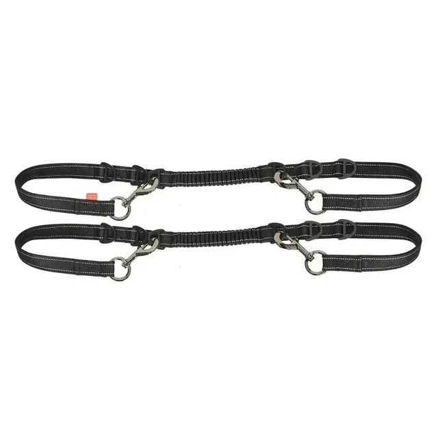 Black elastic imperial riding reins irhflexi with silver metal hardware and reflective stitching for equestrian use