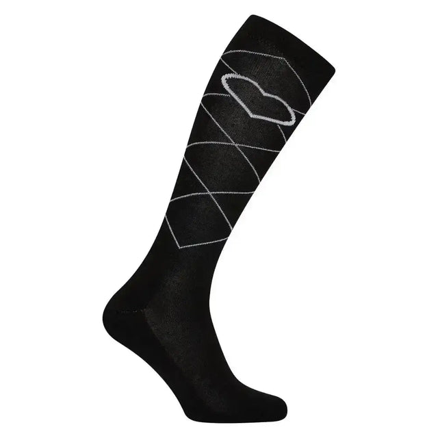 Black knee-high imperial riding socks imperial heart black with white argyle pattern and heart design