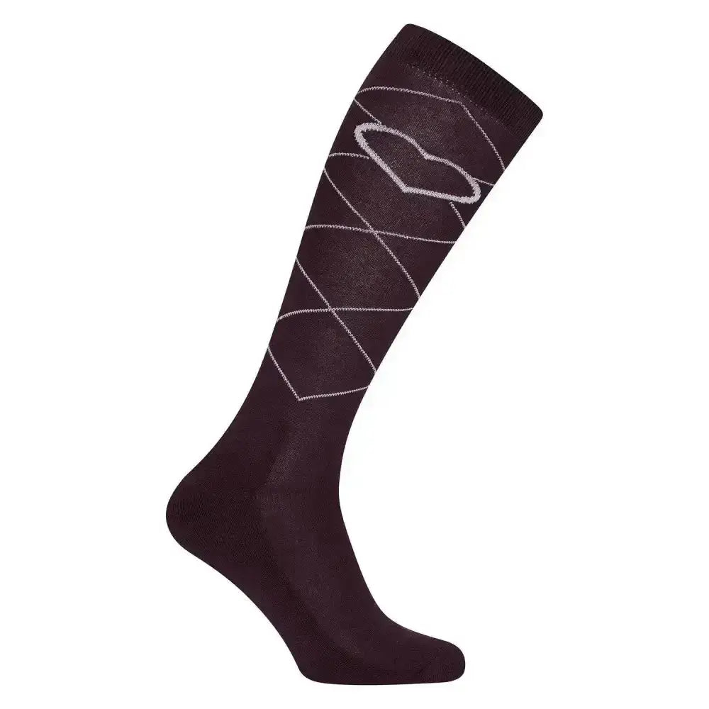 Dark burgundy knee-high imperial riding socks with white argyle and heart design imperial heart bordeaux