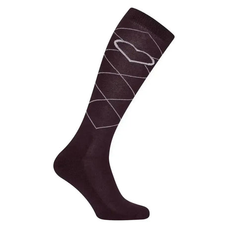 Dark burgundy knee-high imperial riding socks imperial heart bordeaux with white argyle and heart detail at the top