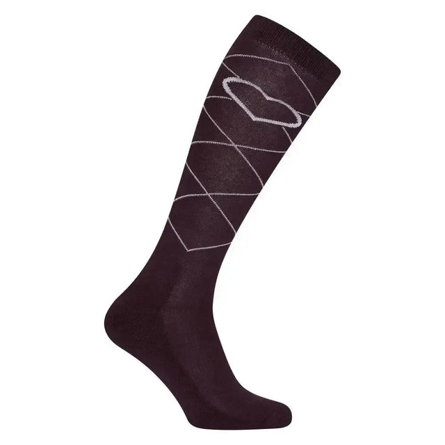 Dark burgundy knee-high imperial riding socks imperial heart bordeaux with white argyle and heart detail at the top