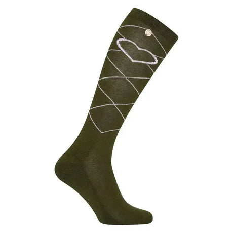 Olive green knee-high imperial riding socks with white argyle heart pattern and metallic button in socks imperial heart dark olive