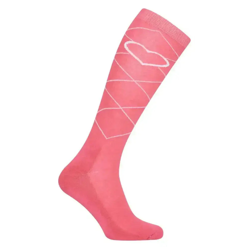 Pink knee-high imperial riding socks with white diamond pattern and heart design from imperial heart flower line