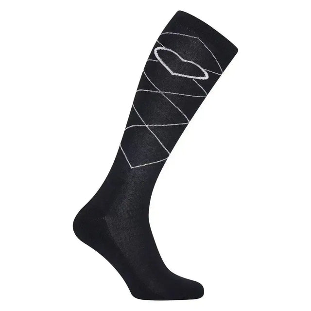 Black imperial riding socks imperial heart navy with white heart and diamond pattern knee-high design