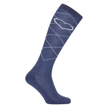 Navy blue knee-high imperial riding socks with white argyle and heart design in imperial heart night shadow style
