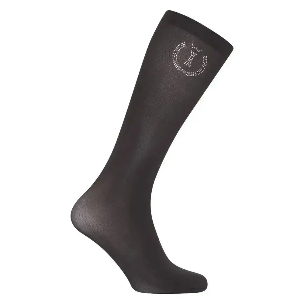 Black knee-high imperial riding socks with sparkling rhinestone emblem on upper calf in imperial sparkle dark olive