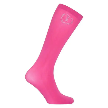 Bright pink imperial riding socks with a subtle silver imperial sparkle flower emblem near the top in sparkle flower pink