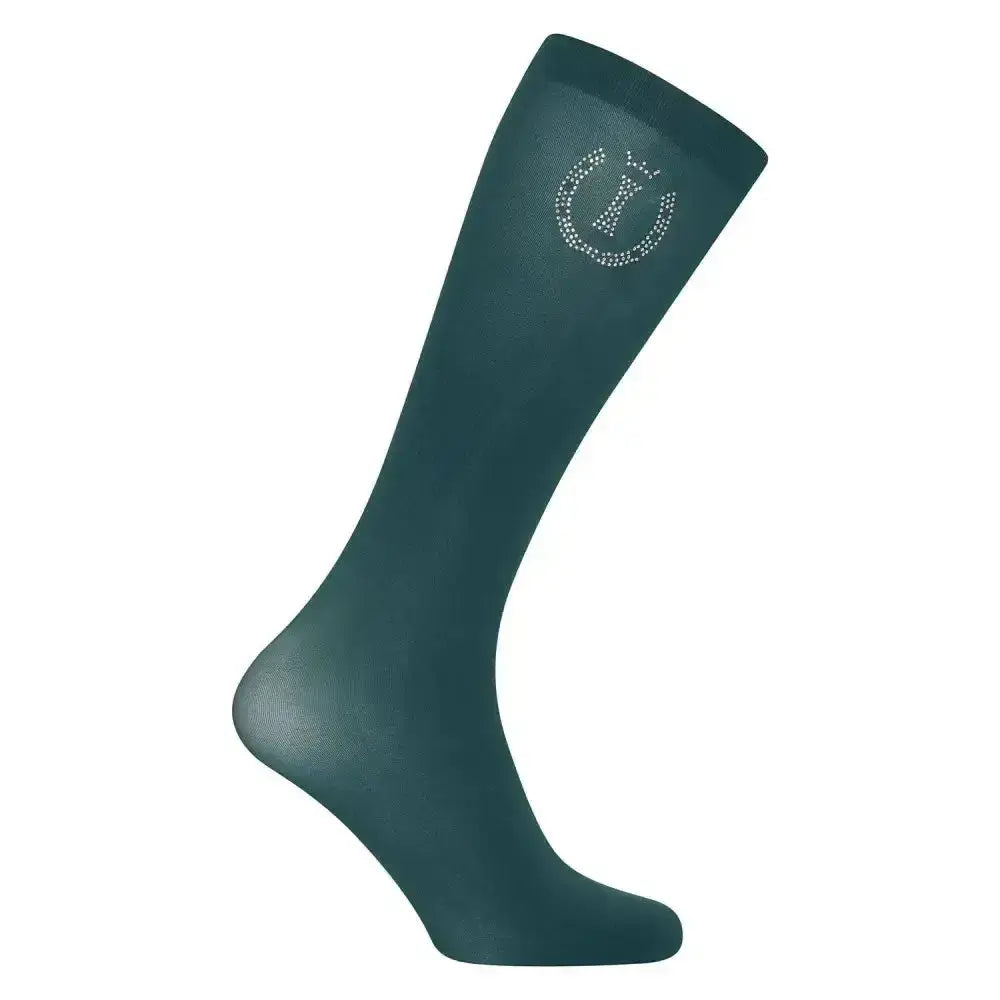 Dark green imperial riding socks with sparkling diamond encrusted logo on upper calf from imperial sparkle forest collection