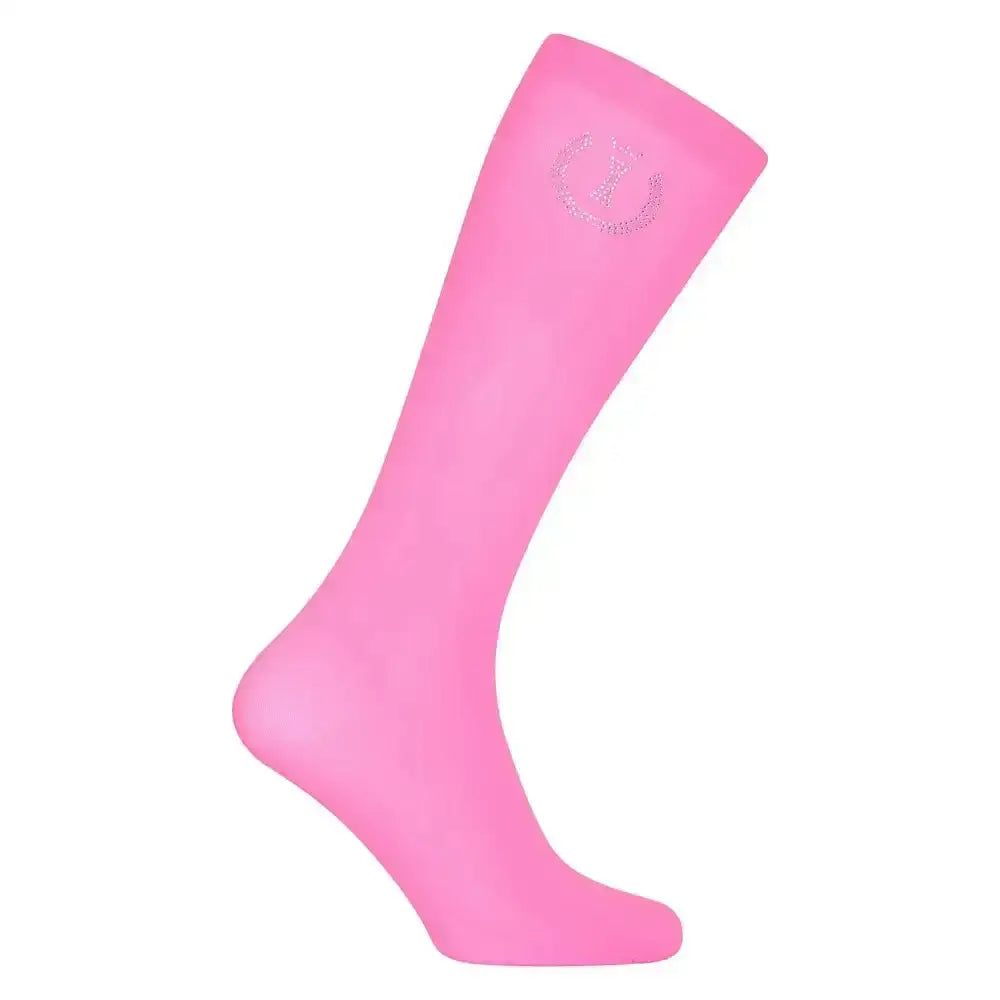 A vibrant pink imperial sparkle knockout knee-high sock with a subtle sparkling logo near the top