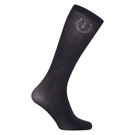 Black knee-high imperial riding socks with sparkling rhinestone emblem on upper calf in imperial sparkle navy color