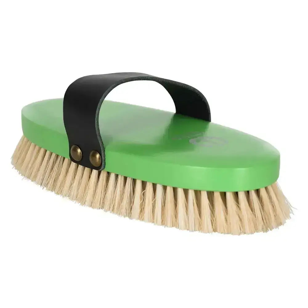 Bright green imperial riding soft brush with natural bristles and black leather handle for gentle grooming