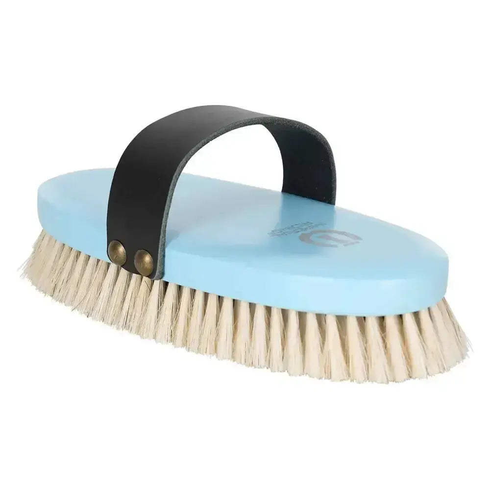 Light blue imperial riding soft brush with natural bristles and black leather handle for grooming horses