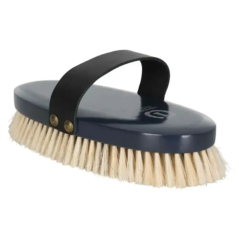 Navy blue imperial riding soft brush with natural beige bristles and black leather strap for grooming horses