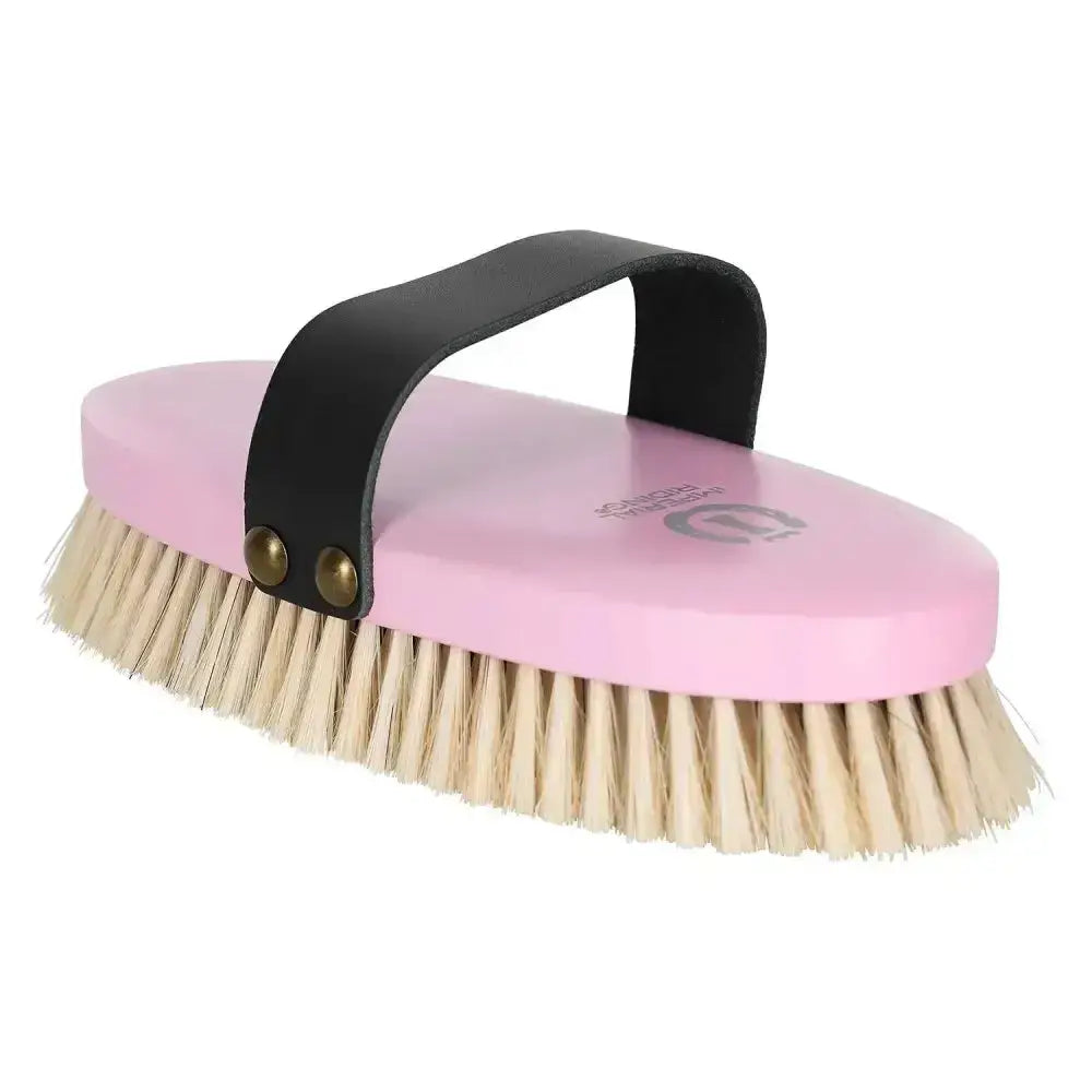 Pink imperial riding soft brush with natural bristles and black leather handle for grooming horses