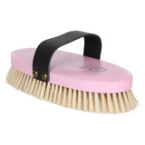 Pink imperial riding soft brush with natural bristles and black leather handle for grooming horses
