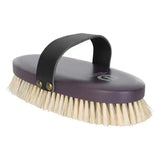 Imperial riding soft brush with purple oval body, black leather handle, and natural bristles for riding care