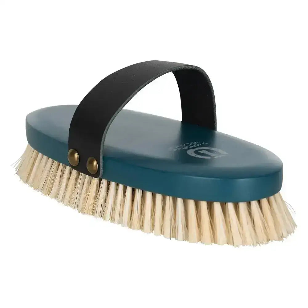 Imperial riding soft brush teal with natural bristles and black leather strap for gentle horse grooming