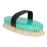 Imperial riding soft brush teal horse brush with black leather handle and natural bristles for gentle grooming