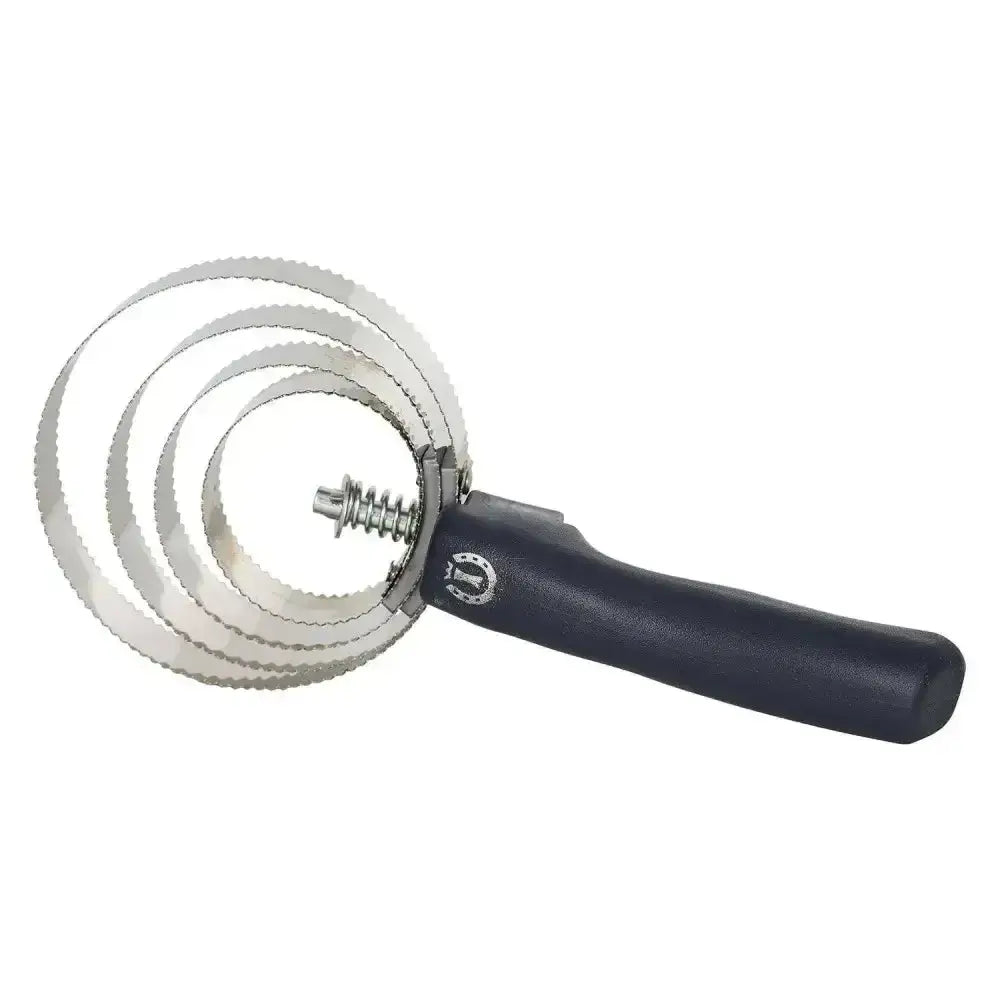Black-handled imperial riding spring curry comb with three serrated metal rings for grooming horses