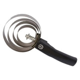 Black-handled imperial riding spring comb with circular saw blade and serrated metal bands for grooming horses