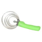 Bright green handle attached to three serrated metal rings imperial riding spring spiral curry comb
