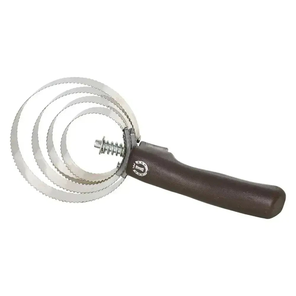 Imperial riding spring comb with brown leather handle and three serrated metal rings for horse mane and tail grooming
