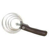 Imperial riding spring comb with brown leather handle and three serrated metal rings for horse mane and tail grooming