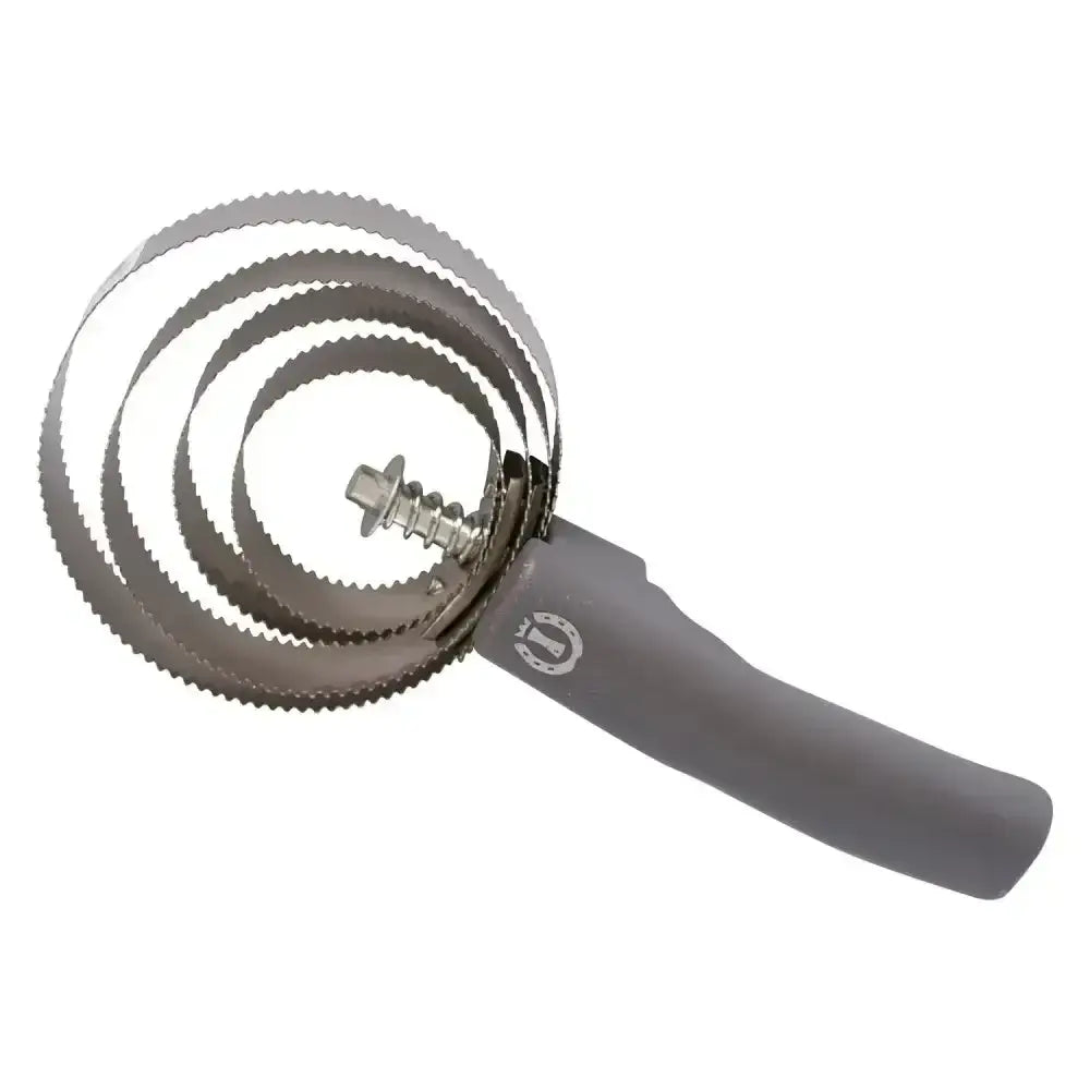 Gray-handled imperial riding spring comb with multiple circular serrated metal blades for grooming horses