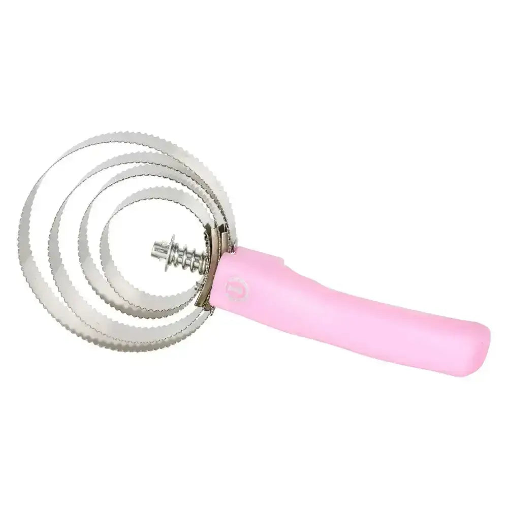 Imperial riding spring comb with pink handle and three serrated metal rings perfect for grooming horses