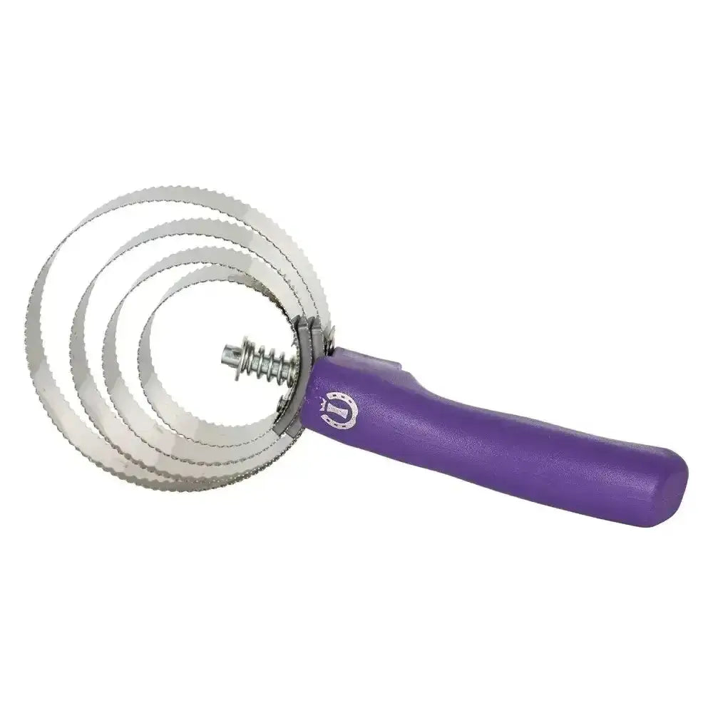 Imperial riding spring curry comb with purple handle and three serrated metal rings for grooming horses
