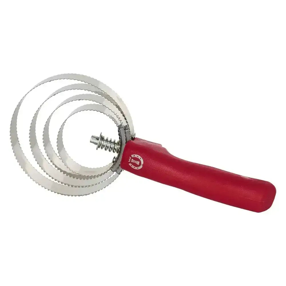 Imperial riding spring comb with red handle and three serrated metal spiral rings for grooming horse mane and tail