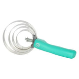 Teal-handled imperial riding spring comb with three serrated metal spiral rings for horse mane and tail grooming