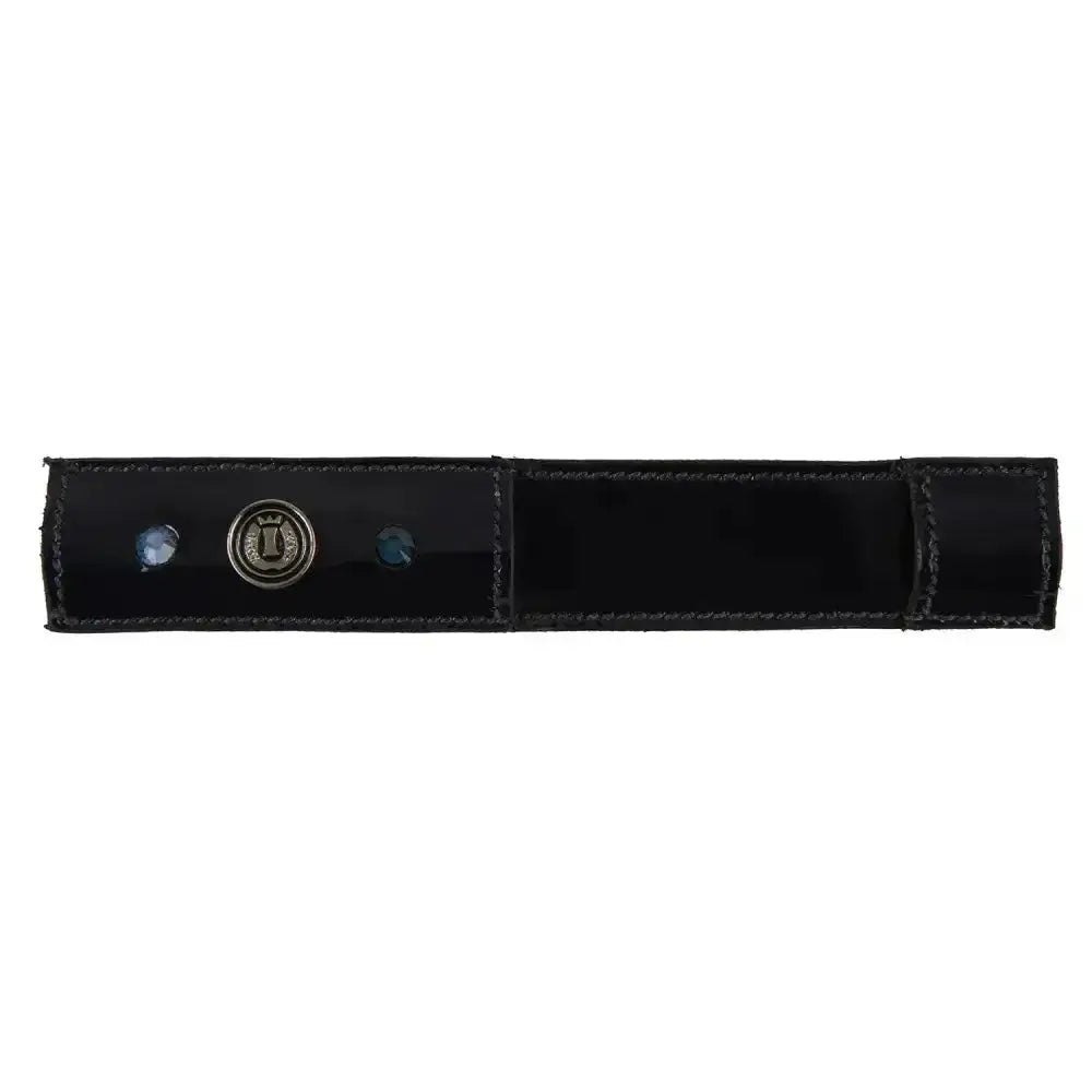 Black patent leather imperial riding spur protector belt strap with central metallic emblem and two stones