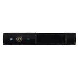 Black patent leather imperial riding spur protector belt strap with central metallic emblem and two stones