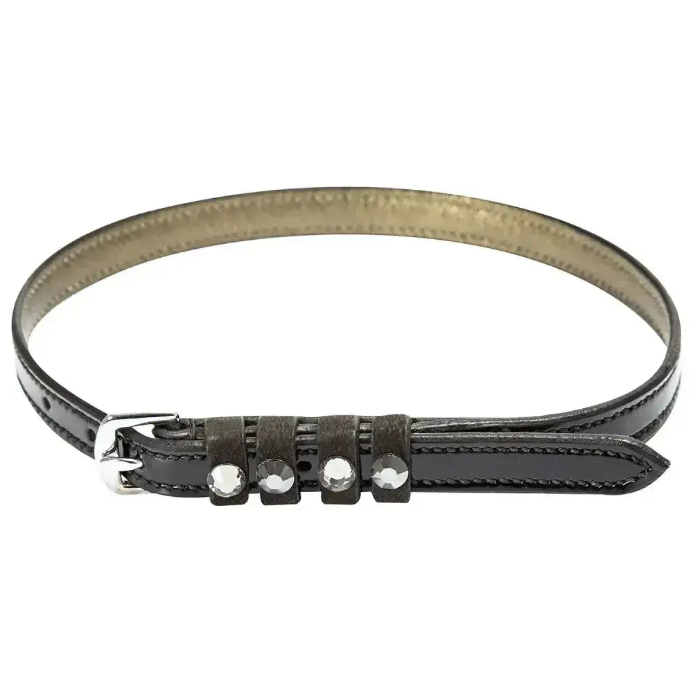 Black leather imperial riding spur straps with silver buckle, clear rhinestones, and patent leather accents