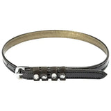 Black leather imperial riding spur straps with silver buckle, clear rhinestones, and patent leather accents