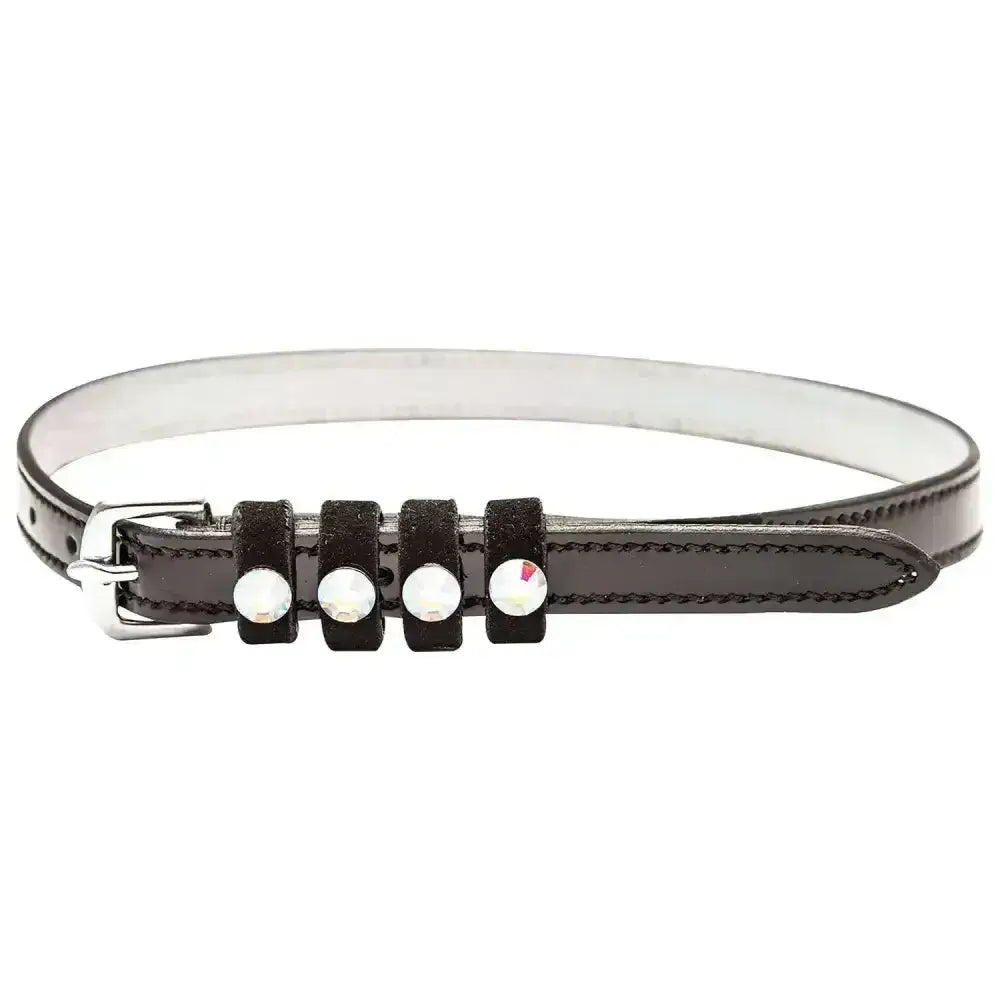 Black leather imperial riding spur strap with silver buckle and four white rhinestone patent leather accents