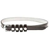 Black leather imperial riding spur strap with silver buckle and four white rhinestone patent leather accents