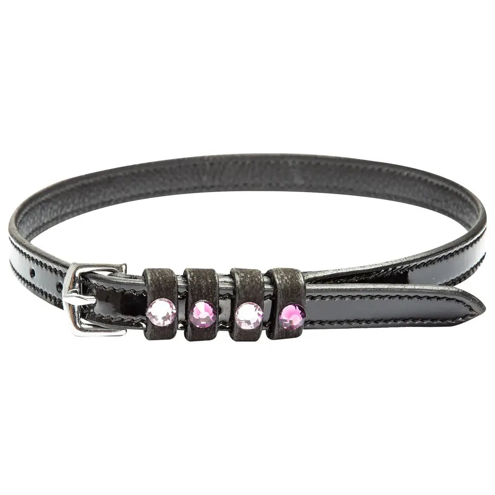 Black patent leather imperial riding spur strap with silver buckle and clear and pink rhinestone patent leather accents