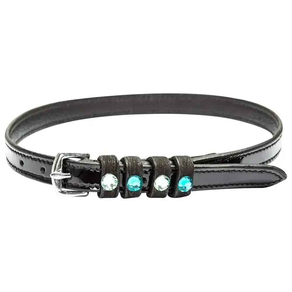 Black patent leather imperial riding spur strap with silver buckle and alternating clear and teal-blue rhinestones