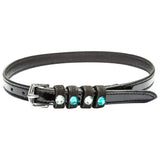 Black patent leather imperial riding spur strap with silver buckle and alternating clear and teal-blue rhinestones
