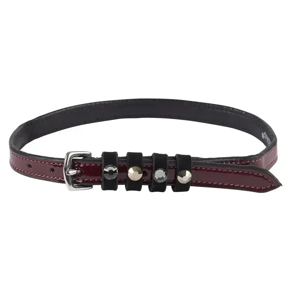 A sleek imperial riding spur leather belt in black and burgundy with silver hardware and pardouz patent leather accents