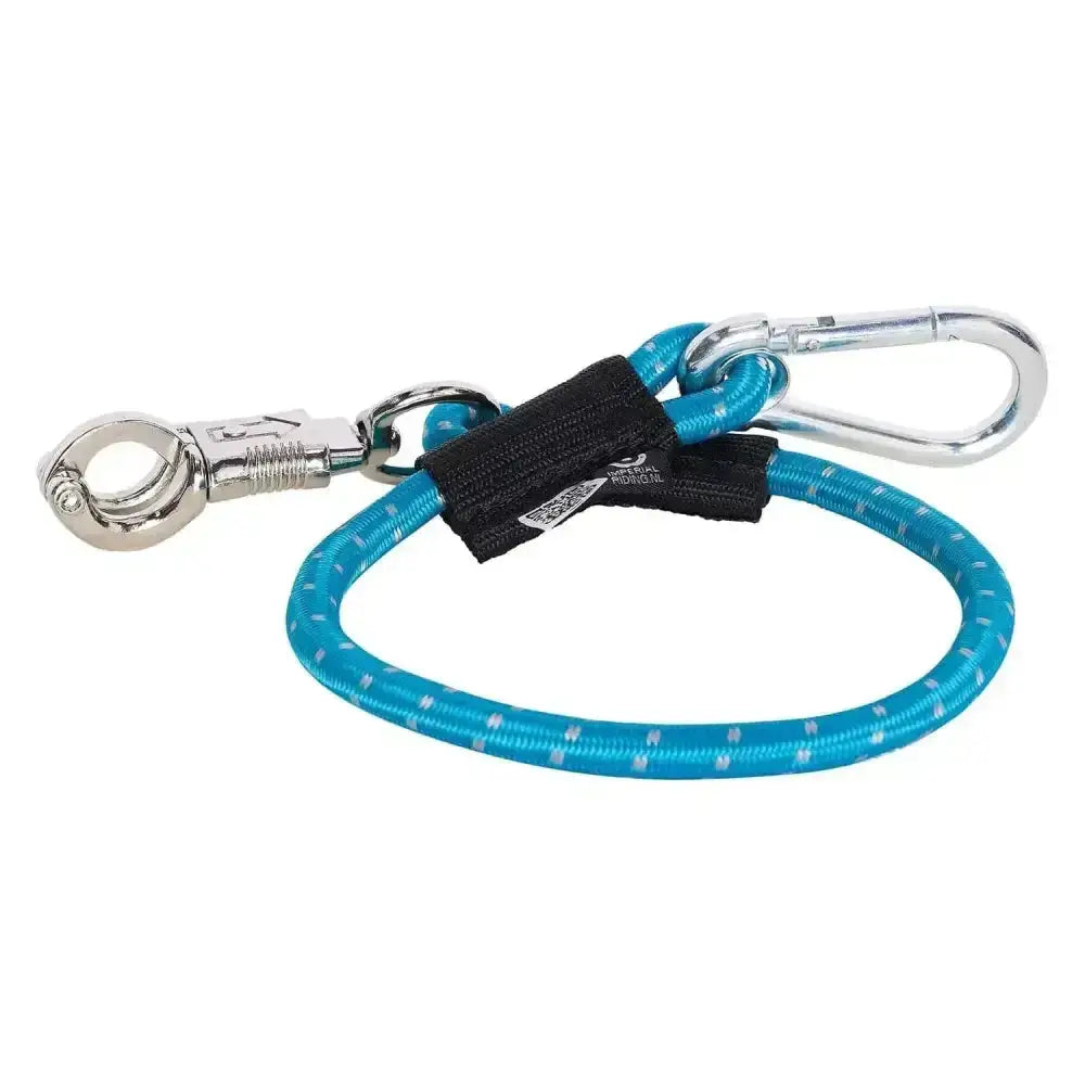 Bright blue imperial riding trailerline elastic 60 cm with silver panic hook and black fabric strap for secure attachment
